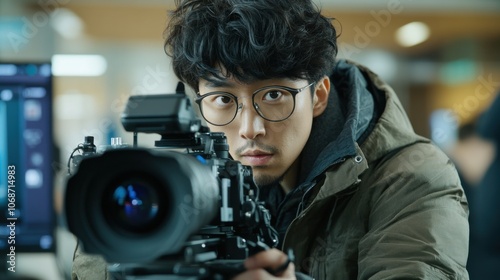 プロのカメラ機材でシーンを撮影することに焦点を当てた映画製作者