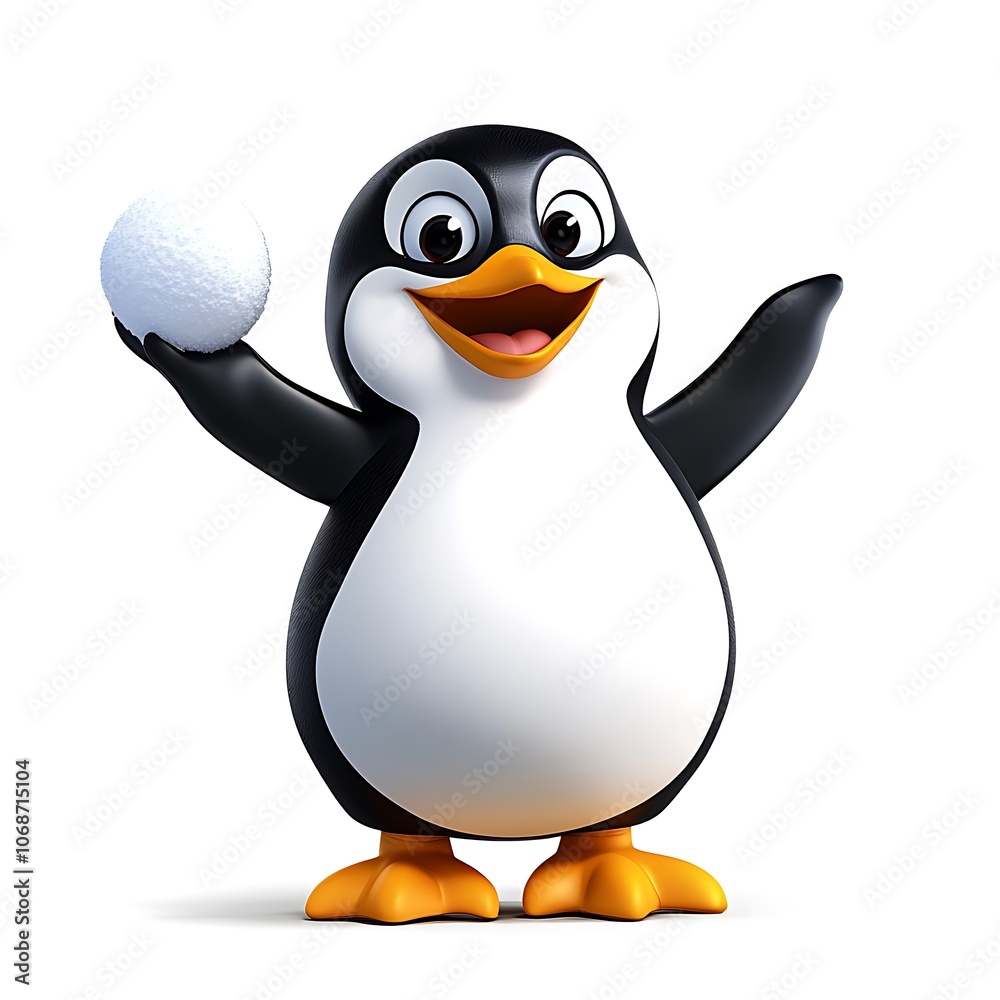 Fototapeta premium Cartoon Penguin Holding Snowball in Winter Scene