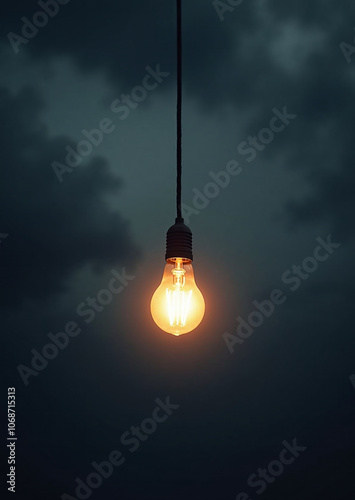 Light bulb in front of a very cloudy sky as a light in the darkness or idea to solve problems, help in difficult times as a signpost