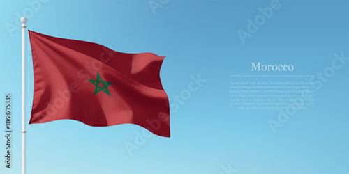 Waving Flag of Morocco Against Clear Blue Sky Copyspace