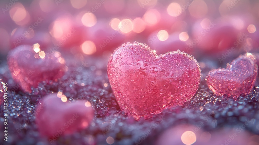 A Close-up View of a Pink Heart Shaped Object Covered in Dew A Close-up View of a Pink Heart Shaped Object Covered in Dew