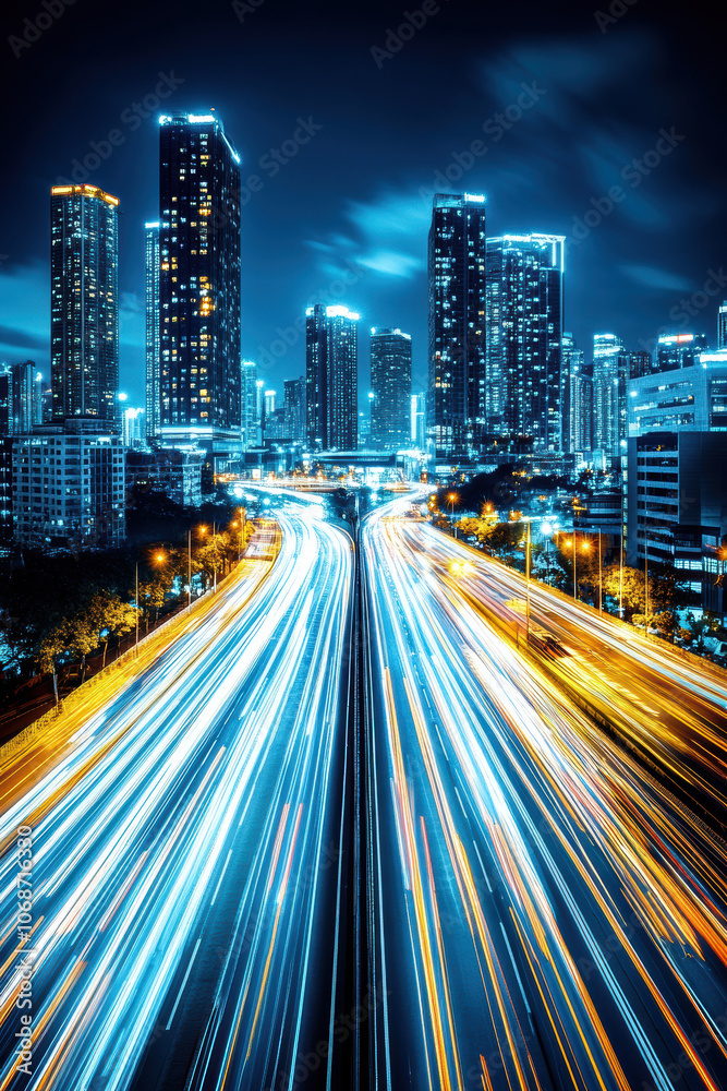 Obraz premium Nighttime cityscape with glowing windows
