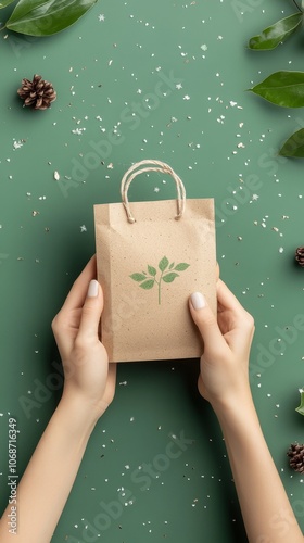 Eco-Friendly Packaging in Hands with Green Background photo