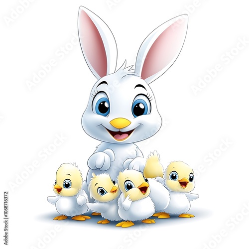 Cartoon Rabbit Playing with Cute Chicks