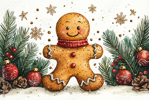 Gingerbread man with a red hat and scarf, festive pine backdrop.