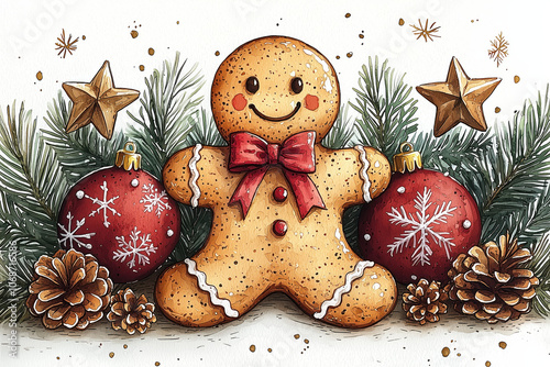 Gingerbread man with a red hat and scarf, festive pine backdrop.