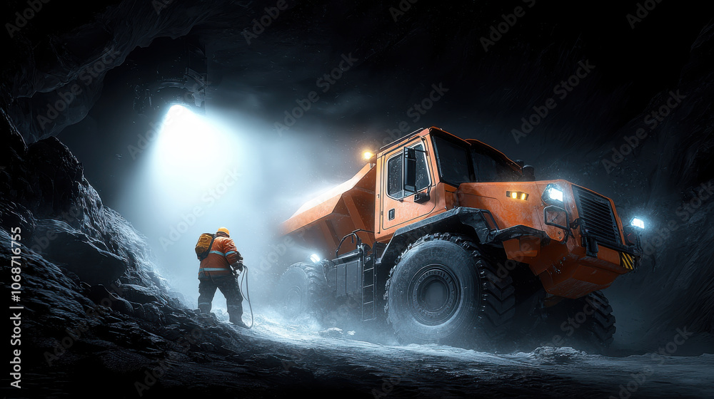 An operator works beside a large orange mining vehicle in a dimly lit cave, illuminated by powerful lights, showcasing a rugged industrial environment.