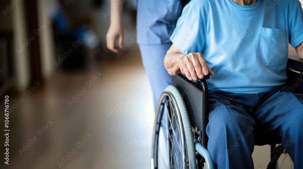 Fototapeta premium 屋内で介護者と一緒に車椅子に乗った高齢者:思いやりのある医療支援