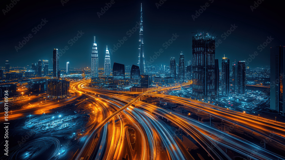 Fototapeta premium City skyline with light trails at night
