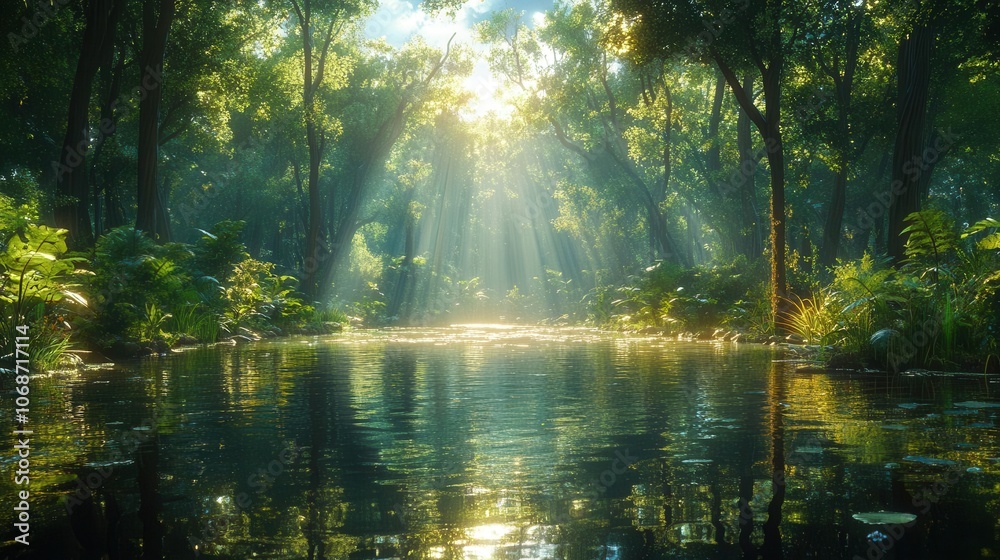 sunlit serenity in a captivating forest, where lush trees surround a mirror-like water surface, reflecting the tranquility and beauty of nature, enhanced by warm sunlight breaking through the leaves sunlit serenity in a captivating forest, where lush trees surround a mirror-like water surface, reflecting the tranquility and beauty of nature, enhanced by warm sunlight breaking through the leaves