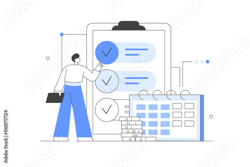 Financial administration. Character filling salary payslip and payroll report. Business accounting, organization and audit concept. Vector Illustration, icon. Stylish, Minimalist line, abstract