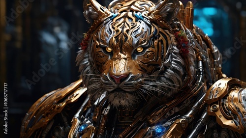 A close-up of a majestic golden tiger with glowing eyes, constructed from intricate metalwork and adorned with floral accents, creating a powerful and futuristic image.