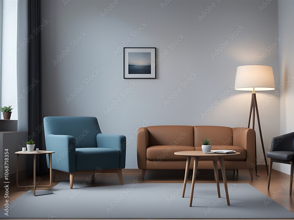 A living room with chair and sofa office front picture on the wall Image A living room with chair and sofa office front picture on the wall Image