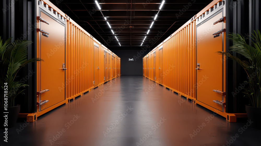 Fototapeta premium Orange Shipping Containers Storage Facility