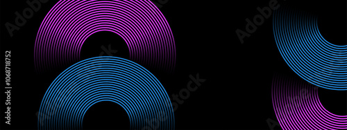 Abstract background with circular blue and pink line patterns on dark background. Vector.