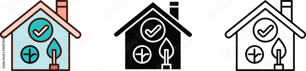 House Icon Design with Checkmark, Leaf, and Plus Symbols House Icon Design with Checkmark, Leaf, and Plus Symbols
