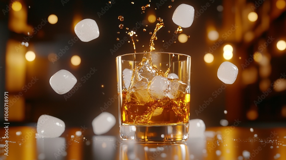 A glass of whiskey splashes with ice cubes, illuminated by warm lights, creating a festive and inviting atmosphere. A glass of whiskey splashes with ice cubes, illuminated by warm lights, creating a festive and inviting atmosphere.