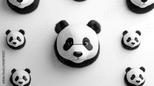 Small panda faces in black and white on white background