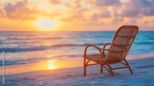 A beach scene with a chair facing a vibrant sunset over the ocean.