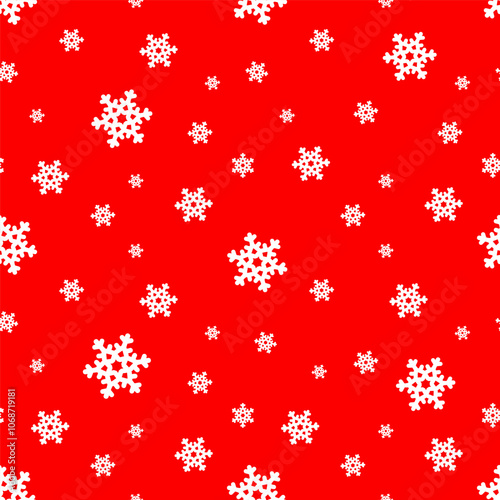 Red background adorned with various white snowflakes creating a festive winter seamless pattern