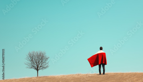 A lone figure in a red cape stands on a barren hill, gazing towards a leafless tree under a clear blue sky, symbolizing solitude and introspection.