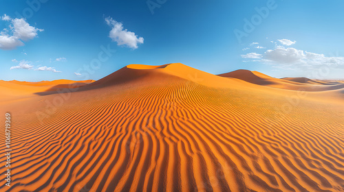 A highly detailed photography capturing the vast expanse of a golden desert landscape, with undulating sand dunes stretching to the horizon under a clear blue sky, emphasizing the serene and unending