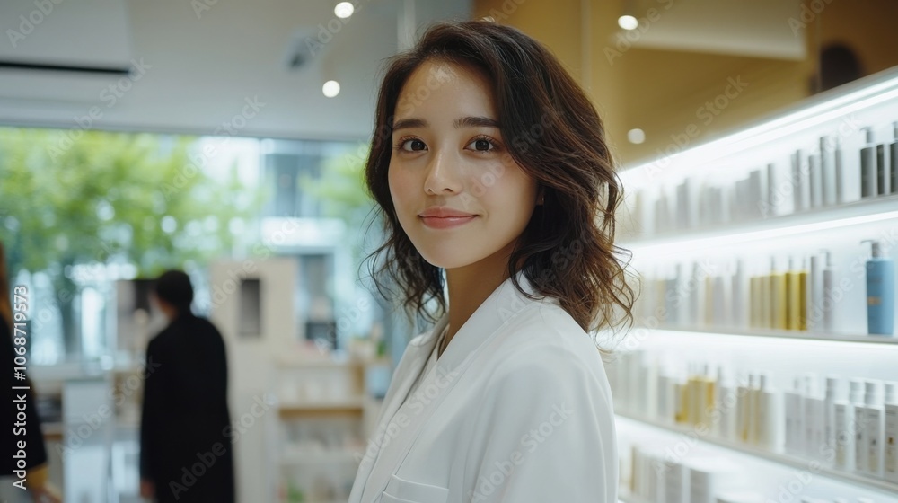 モダンな美容店の環境で笑顔を見せる自信に満ちた若い女性 モダンな美容店の環境で笑顔を見せる自信に満ちた若い女性