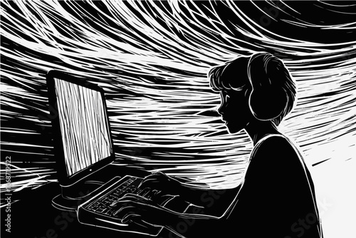 Dynamic black and white cartoon of a person typing with intense focus, illustrating productivity and speed. Ideal for tech and work themes.