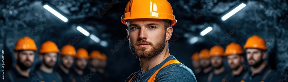 A determined worker stands in a well-lit mine, wearing an orange hard hat, with several colleagues lined up behind him, reflecting teamwork and safety in the mining industry. A determined worker stands in a well-lit mine, wearing an orange hard hat, with several colleagues lined up behind him, reflecting teamwork and safety in the mining industry.