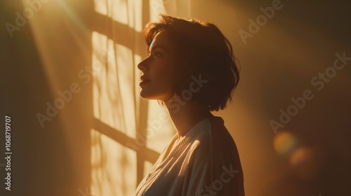 Portrait of a hopeful woman looking out the window