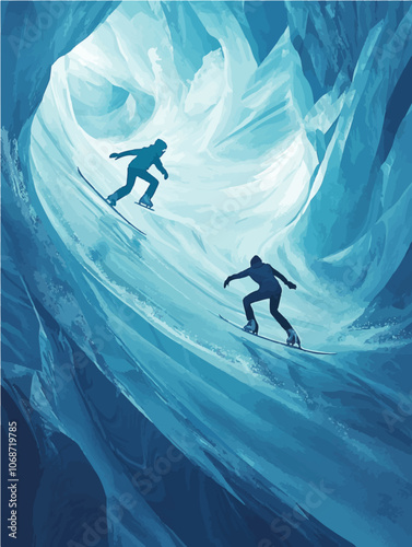 Stylized vector of skaters moving through an icy cavern, representing momentum and Newtonian physics. Ideal for educational and winter-themed designs.
