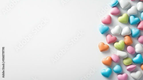 Small pastel candy hearts on a white background