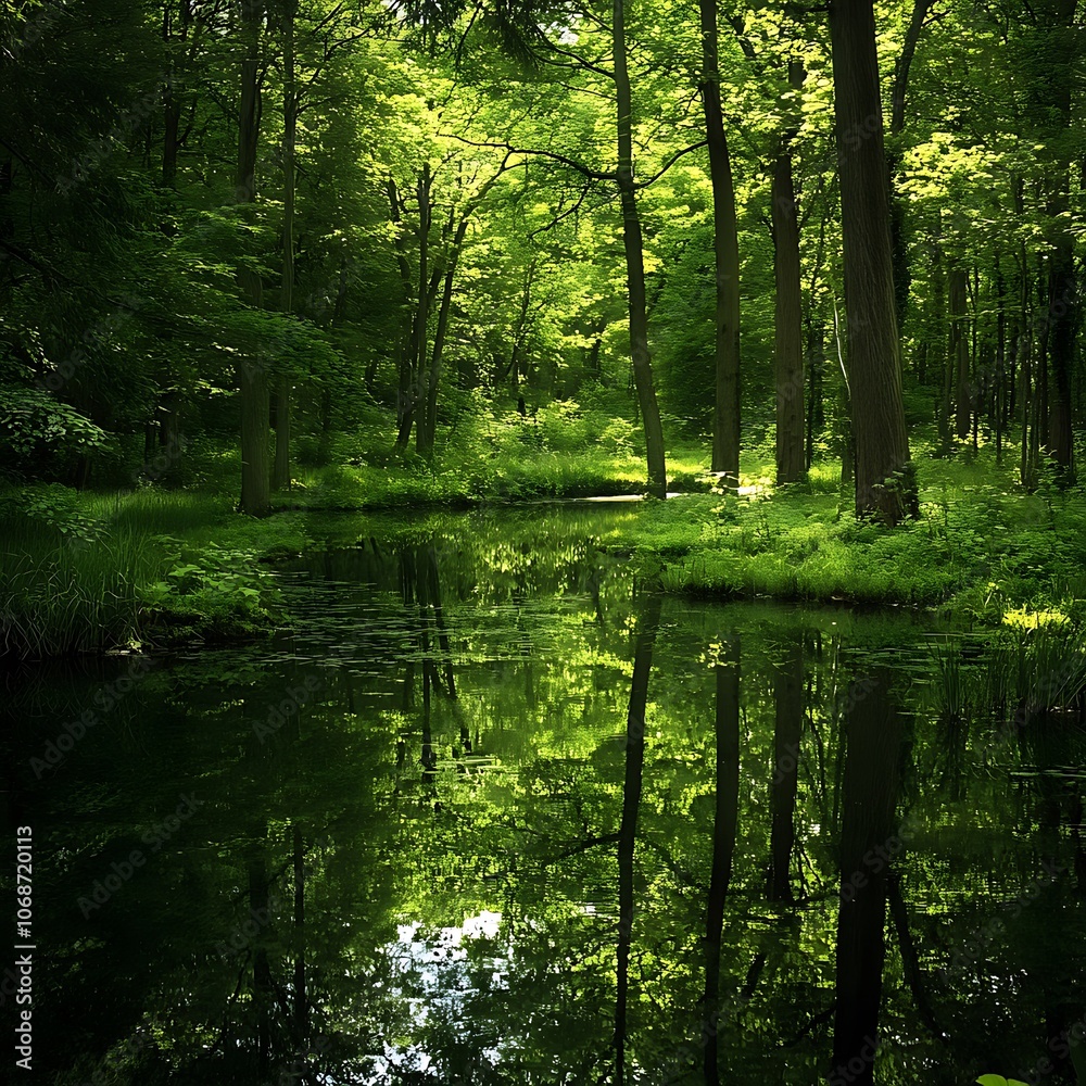 Tranquil Forest Pond with Lush Greenery Reflection. Tranquil Forest Pond with Lush Greenery Reflection.