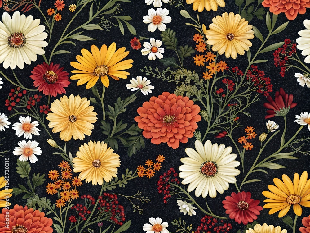Floral Seamless Pattern - Yellow Orange Red White Flowers on Black Background Silhouette Photography Floral Seamless Pattern - Yellow Orange Red White Flowers on Black Background Silhouette Photography