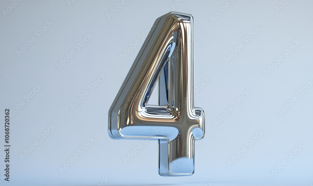 Realistic silver chrome number 4 suspended in air with subtle reflection, crisp studio lighting, photorealistic quality, pure white backdrop Realistic silver chrome number 4 suspended in air with subtle reflection, crisp studio lighting, photorealistic quality, pure white backdrop