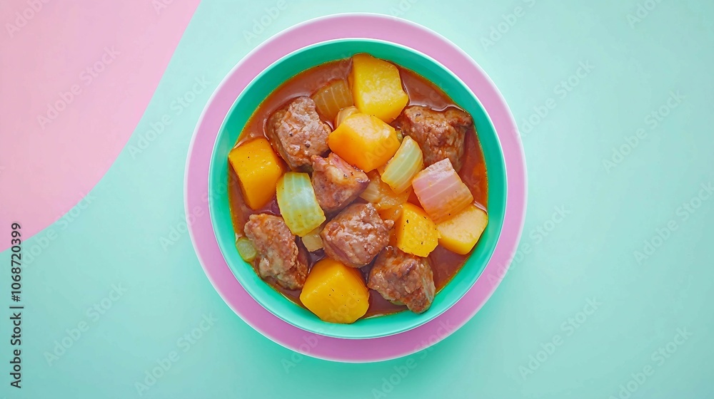 Spicy Meat and Vegetable Stew in Colorful Bowl Spicy Meat and Vegetable Stew in Colorful Bowl