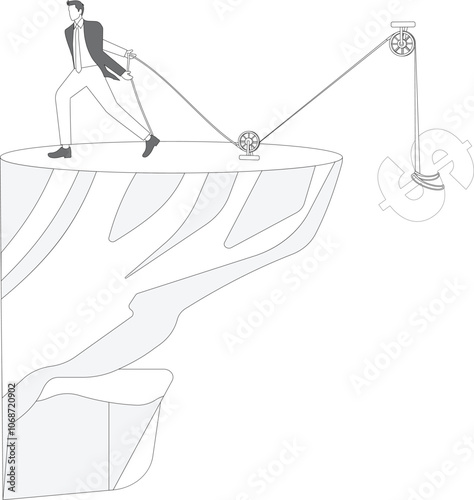 One businessman pulling dollar sign on rope over cliff