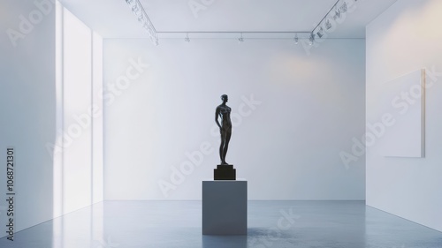 A minimalist gallery featuring a single statue on a pedestal, surrounded by white walls and ample natural light.