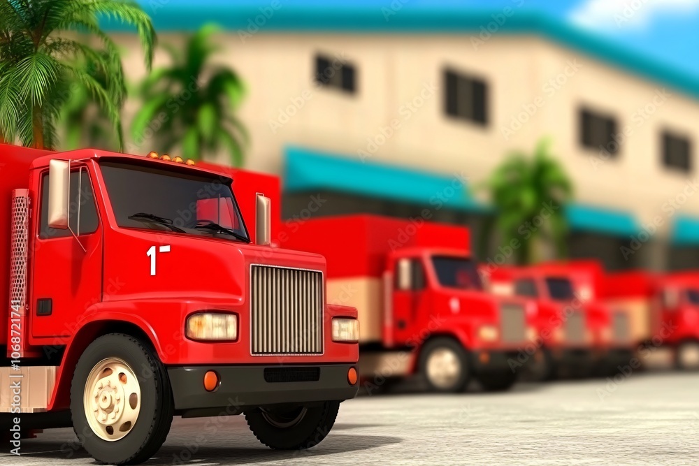 Fototapeta premium Red Delivery Trucks at Warehouse Transportation Logistics