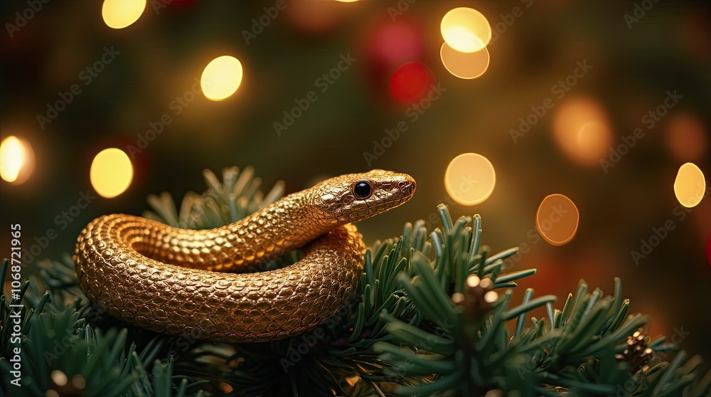 Fototapeta premium Gold Snake Christmas Ornament on Tree with Lights