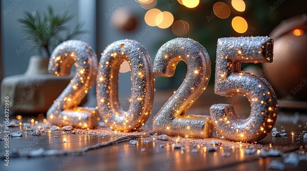 Silver 2025 New Years Eve Festive Lights Decoration Sparkle Silver 2025 New Years Eve Festive Lights Decoration Sparkle