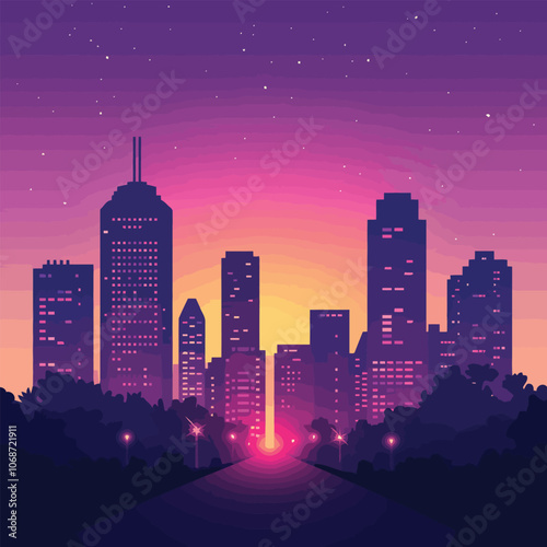 Silhouette illustration of a cityscape with skyscrapers  under a clear sky at dusk