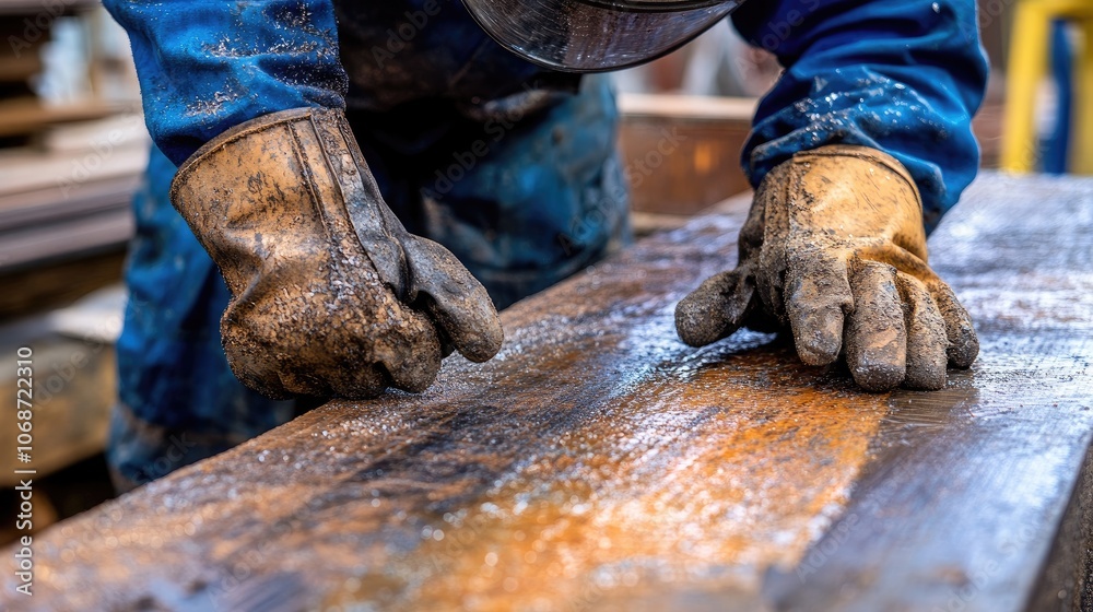 Worker with protective gear grinding steel, close-up, safety in metalworking Worker with protective gear grinding steel, close-up, safety in metalworking