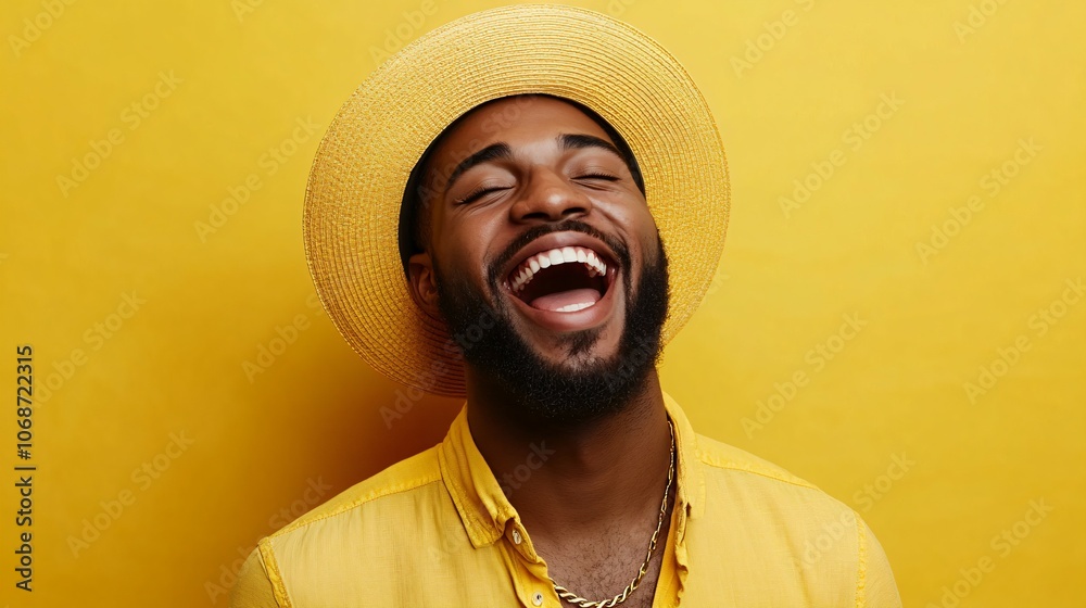Man in a yellow hat and shirt is smiling and singing. He is wearing a gold necklace. happy young trendy man wearing fashionable clothes. his expression is surprised and joyful Man in a yellow hat and shirt is smiling and singing. He is wearing a gold necklace. happy young trendy man wearing fashionable clothes. his expression is surprised and joyful