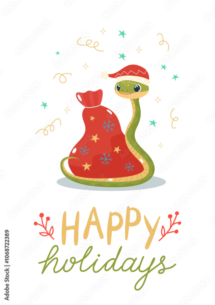 Naklejka premium Christmas greeting card with cute snake and hand drawn lettering
