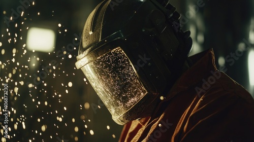 Worker with protective gear grinding steel, close-up, safety in metalworking