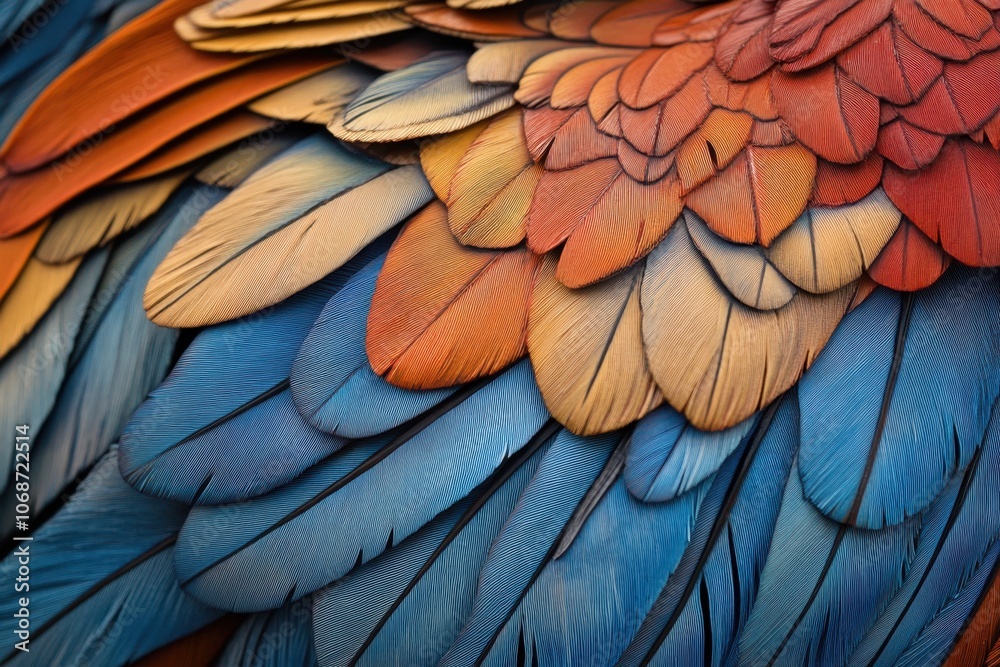 A close-up of a parrots plumage showcasing an array of bright, striking colors A close-up of a parrots plumage showcasing an array of bright, striking colors
