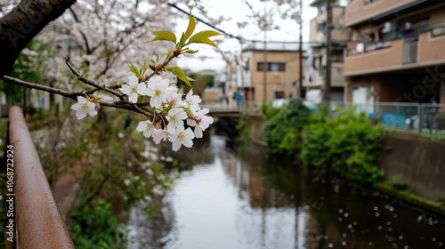 住宅街の静かな運河沿いの桜