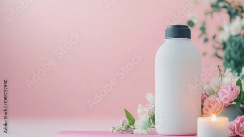 White bottle with flowers and candle on a pink background, AI