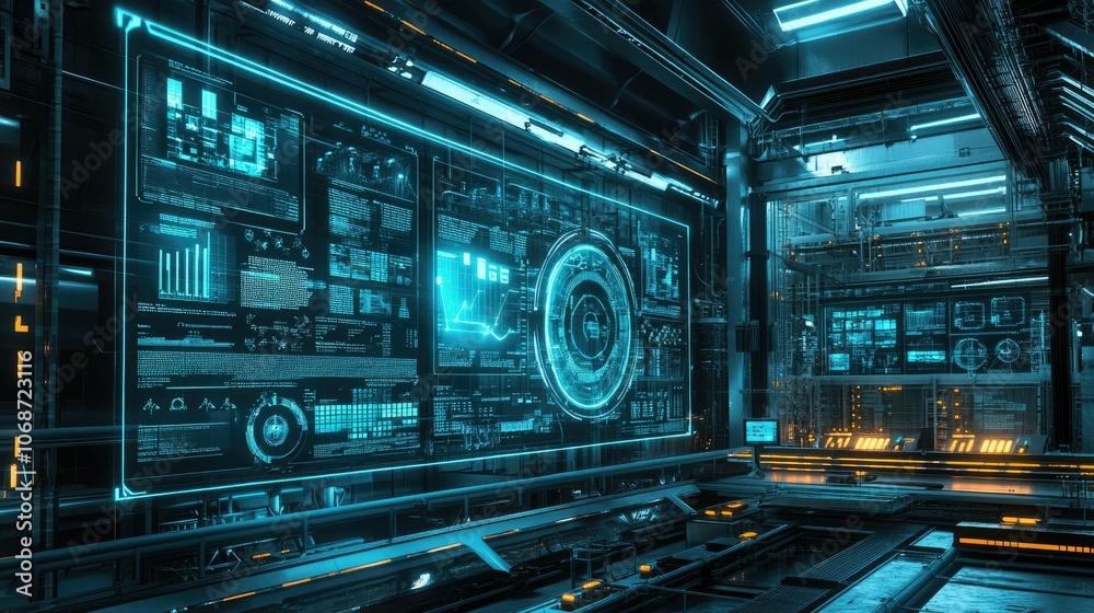 Obraz premium Futuristic Digital Control Room with Data Display